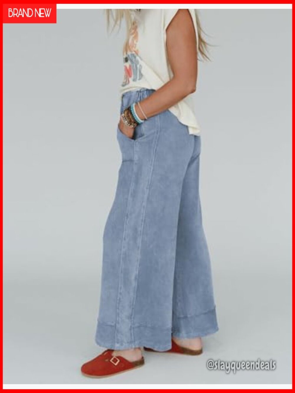 Wide Leg Sweatpants with Pockets Elastic Waist High Rise Palazzo Pants - Picture 3 of 7